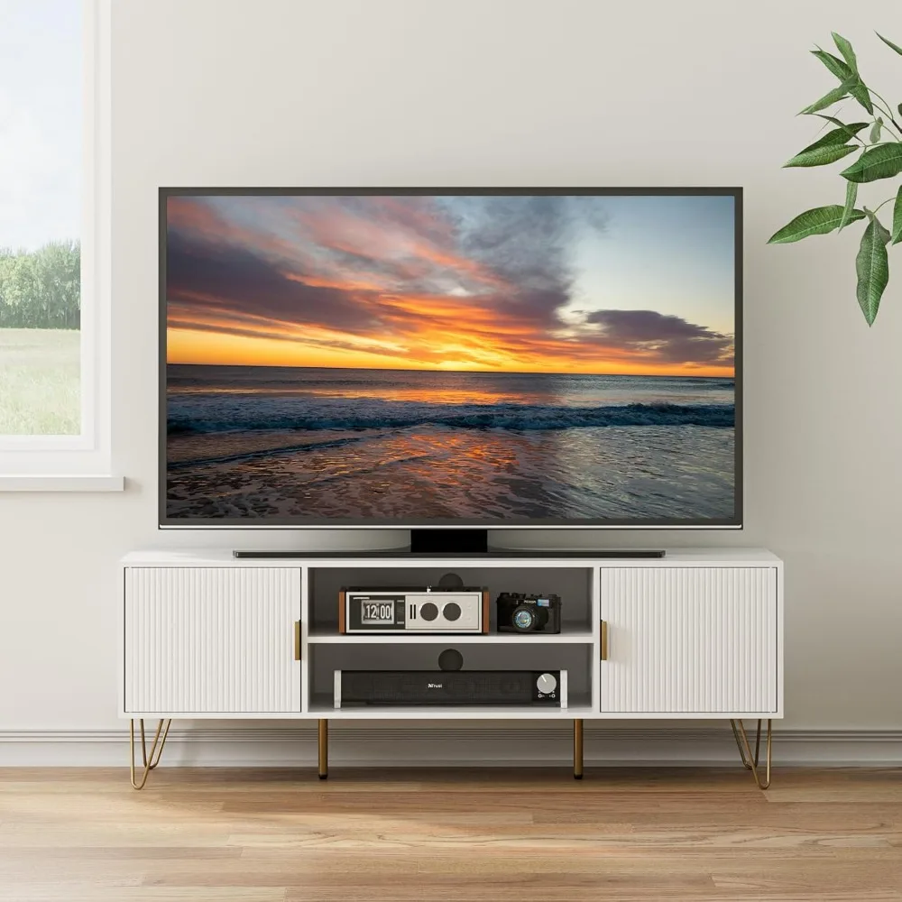 

TV Stand for 55 65-inch TV, Entertainment Center with Soft Hinge Door,TV Console Table with 2 Cabinets with Gold Handle and Feet