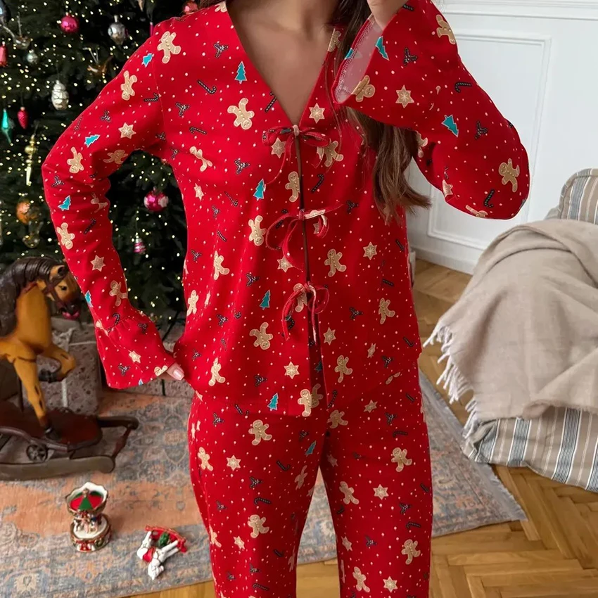 HiLoc Printed Fashion Knit Elastic Women Pajamas 2-Piece Long Sleeve V-Neck Lace-Up Placket Top Elastic Waist Full Length Pants