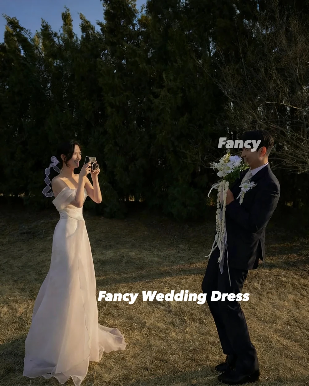 Ausgefallenes, elegantes, schulterfreies Etui-Korea-Hochzeitskleid für Fotoshootings, Organza, rückenfrei, Boden-Brautkleid, individuelles Brautkleid