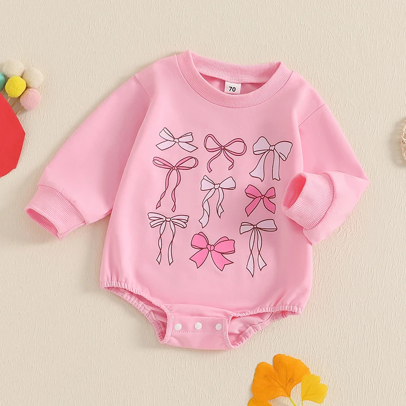 Pudcoco Baby Girls Sweatshirt Romper Bow Print Long Sleeve Jumpsuits for Newborn Infant Toddler Fashion Clothes