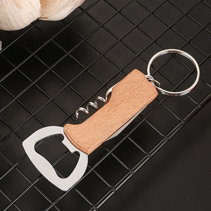 15Pcs Beer Bottle Opener Keyring Keychain Stainless Steel Multifunctional Wooden Handle Corkscrew Wine Opener Bar Party Accessor