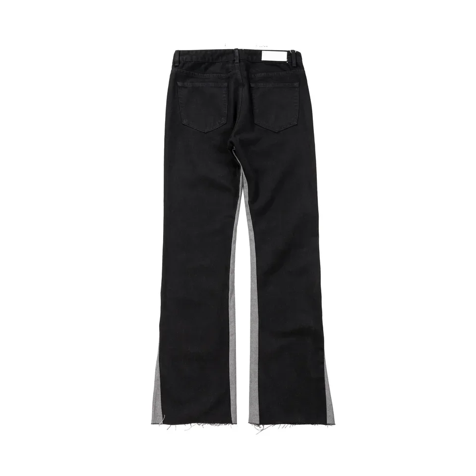 2025 Street Vintage Washed Distressed Loose Wide Leg Pressed Wrinkle Spliced Striped Color Block Flare Black Gray Jeans
