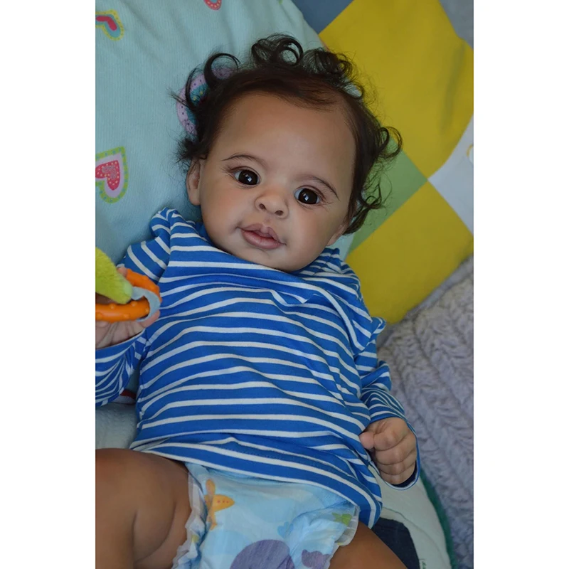 

22inch Reborn Baby Doll Anthony Implanted Curly Hair Soft Body with Dark Brown Skin Doll Lifelike Really Baby Christmas Gift