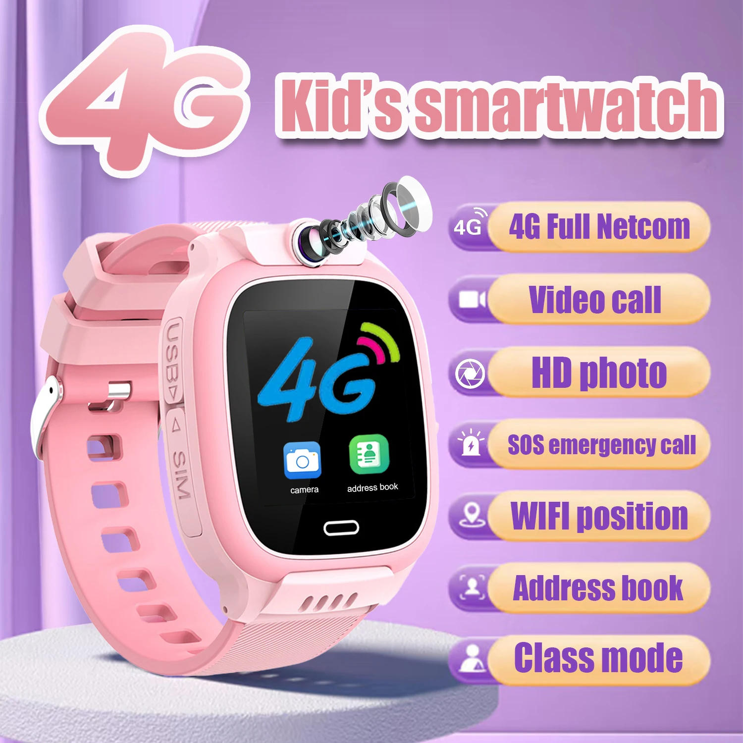 

2025 Children 1.44 Inch Video Call Smart Watch SOS Kids WIFI Location Phone Watches Waterproof Calculator Student 4G Smart watch