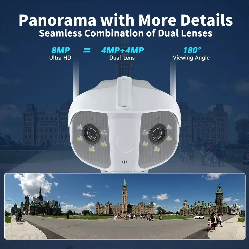 Sistema di batterie per pannelli solari a doppio pannello WiFi 4K 8MP fisso telecamera panoramica grandangolare a 180 ° 10CH NVR Kit sistema di videosorveglianza