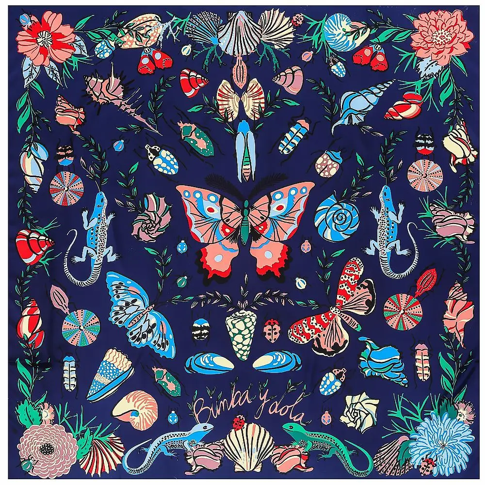 130cm Twill Silk Big Butterfly Insect Print Female Headscarf Shawl Scarf Neck Gaiter Kerchief Sunscreen Head Scarves Beach Towel