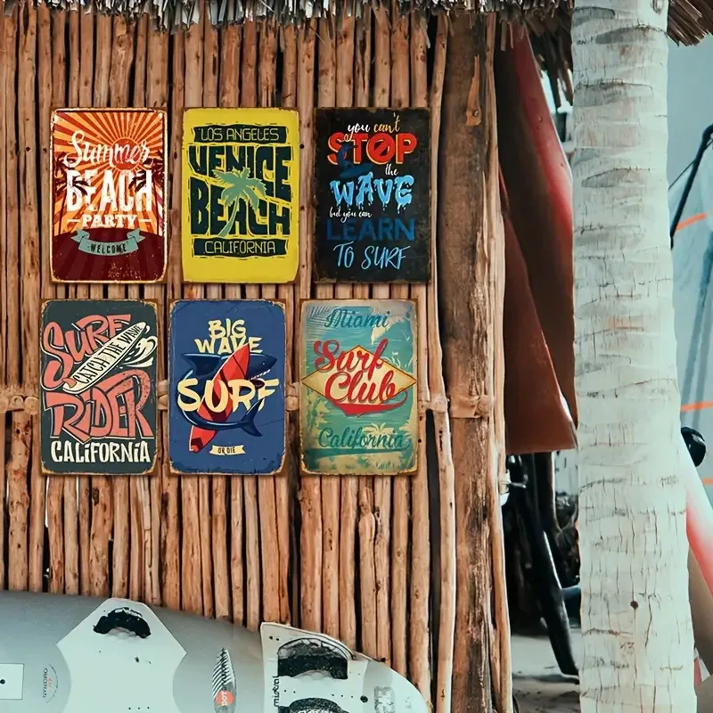 6pcs Vintage Surf Wave Metal Tin Sign Set, Big Wave Surfing, Venice Beach, Surfer and Summer Beach Wall Art, 20.32x30.48 cm, Eas
