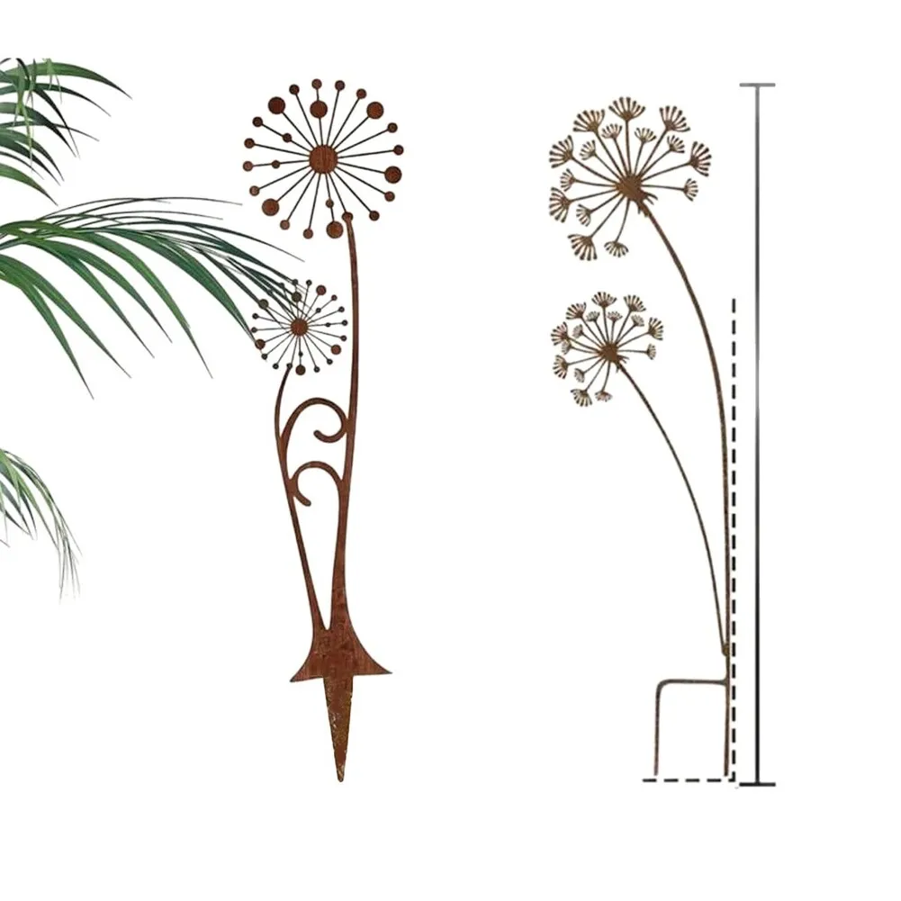 Metal Garden Stake with Dandelion Cutout Rust Effect Outdoor Decor for Yard Flower Pot Arrangements 30/35cm Height