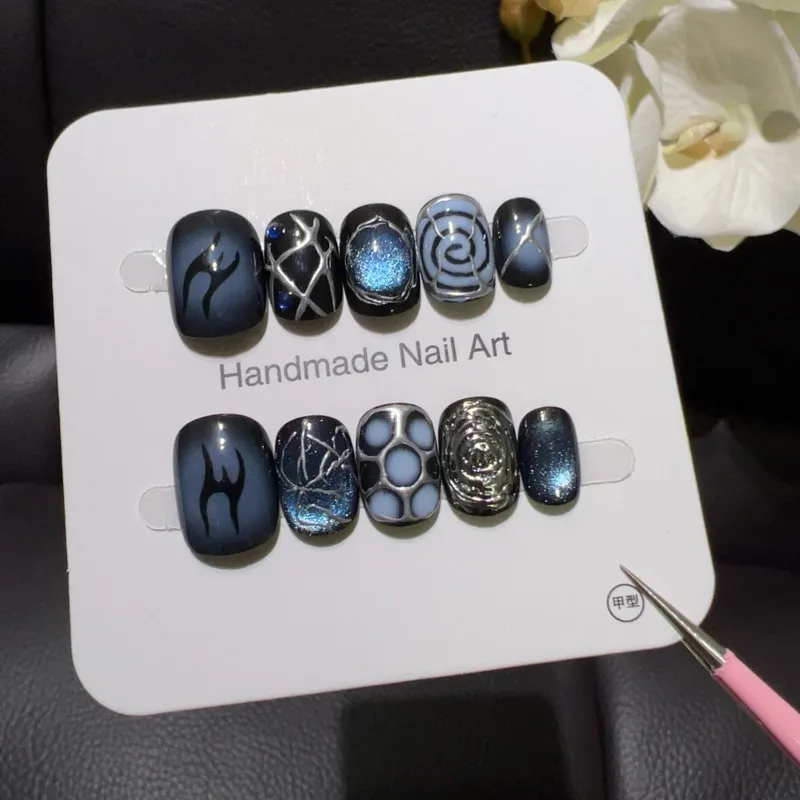 10PCS Dark Blue Cat Eye Short Squoval Handmade Press on Nails Gothic Black Thorn Symbol Metal Silver Spider Web False Nails Tips - view 4
