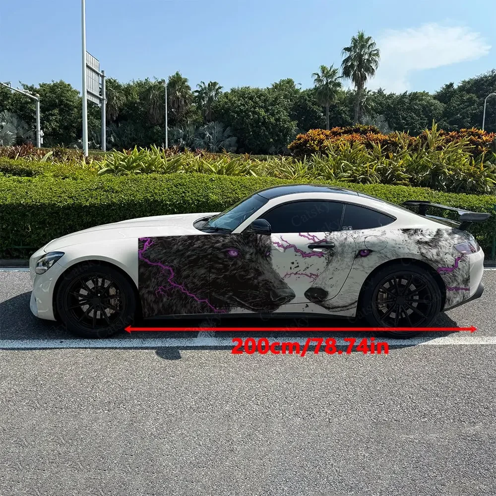 2pcs Dual Wolves Purple Lightning Car Side Wraps, Self-Adhesive PVC Waterproof & Scratch-Resistant Stickers, Car Accessory Gift