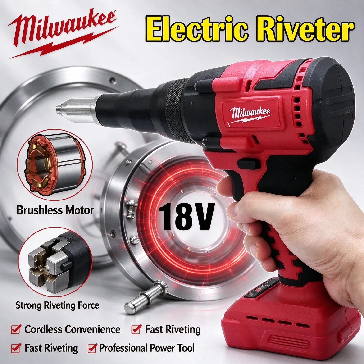 Milwaukee Electric Cordless Riveter Gun 2.4-4.8mm Brushless Rivet Nut Gun Woodworking Tool Riveting Tool For 18V Battery