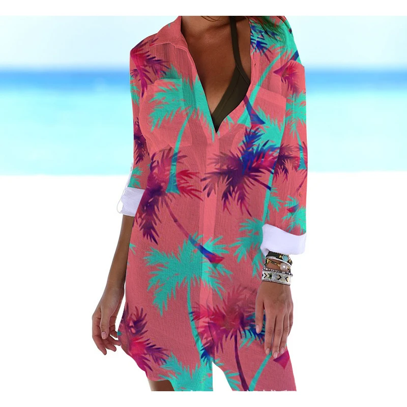 Hawaiian Coconut Tree 3D Print Beach Blouses Summer Women Long Sleeve Mid-length Shirts Buttons Blusas Woman Pocket Tops Blouse