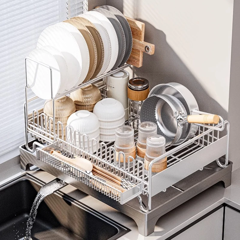 

304 Stainless Steel Dish Drainer Rack Kitchen Plate Storage Stand Utensil Holder with Tray Space Saving Cutlery Organizer