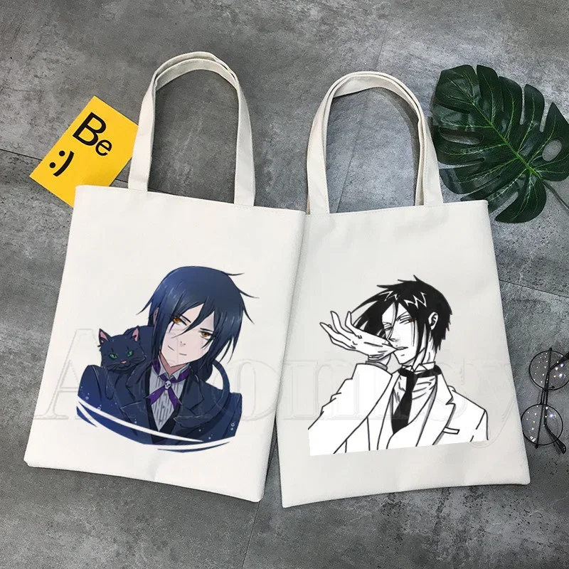 Black Butler Women Canvas Shopping Bag Letters Print Female Cloth Shoulder Bag Eco Handbag Tote Reusable Grocery Shopper Bags