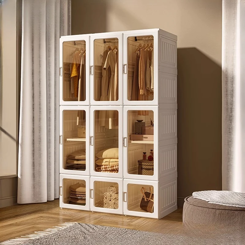 

No-Assembly Wardrobe, Large Capacity Transparent Storage Cabinet, Foldable Nordic Closet Organizer with Doors and Drawers