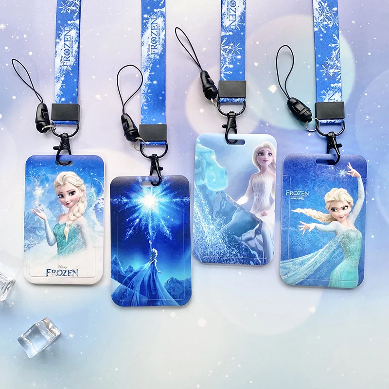 Disney Frozen Card Holder Elsa Lanyard Sleeve Cartoon Anime Student Bus IDCard Work Permit Neck Strap Hang Rope Protective Cover