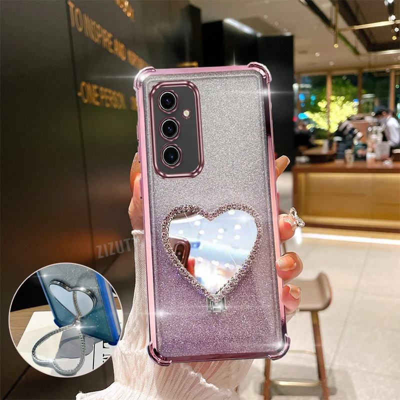 Love Heart Makeup Mirror Glitter Luxury Ring Phone Holder Case On For Samsung Galaxy S24 Plus + Girl Woman Used Anti-knock