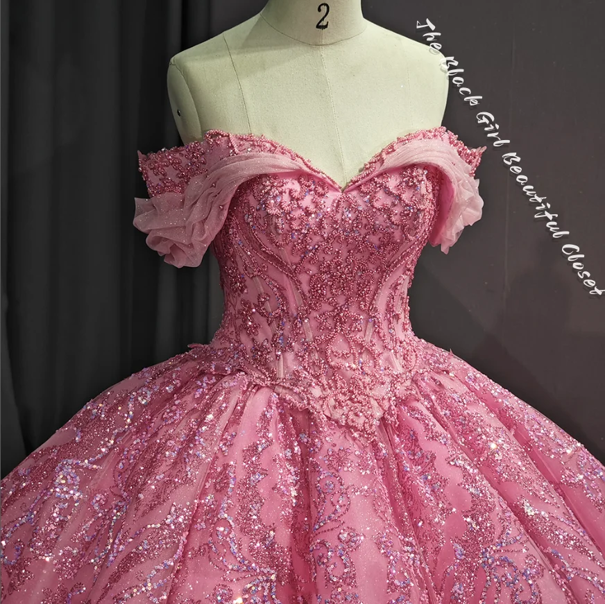 Pink Luxury Quinceanera Vestidos, bainha requintada, cartão de cinta, ombro princesa Tutu, Appliqued Tulle Pearls Prom Dresses, 15, 2024