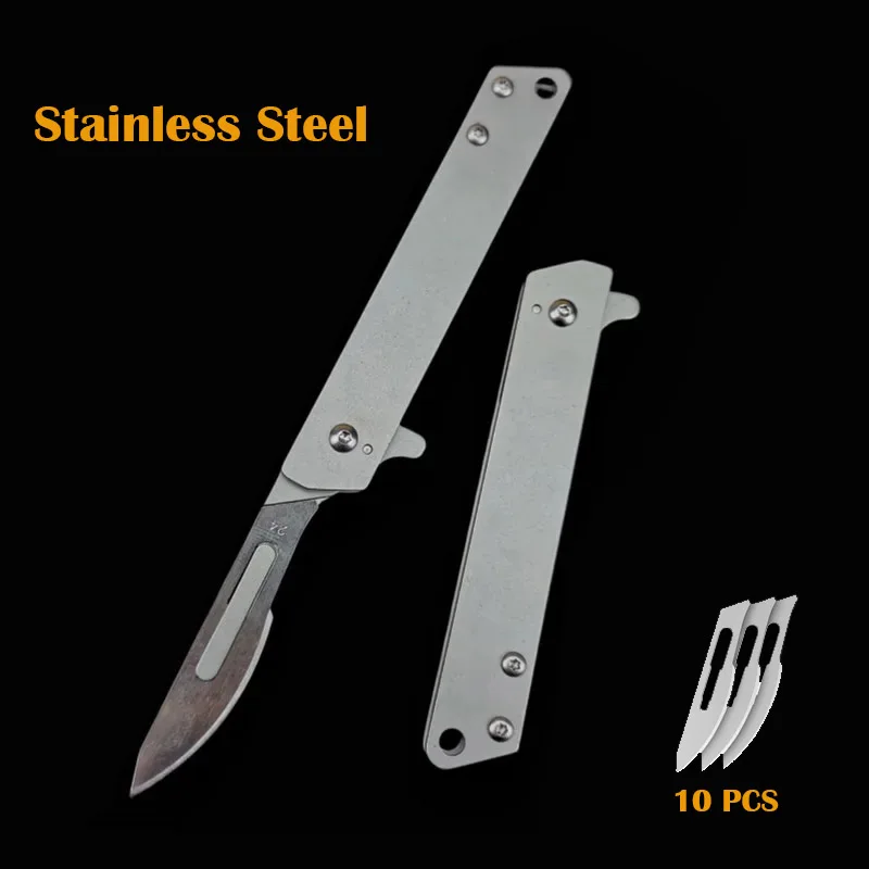 NEW Stainless Steel Quick-opening Folding Knife Utility Knife Mini Folding Keychain Scalpel EDC Courier Opening Knifves 10 Blade