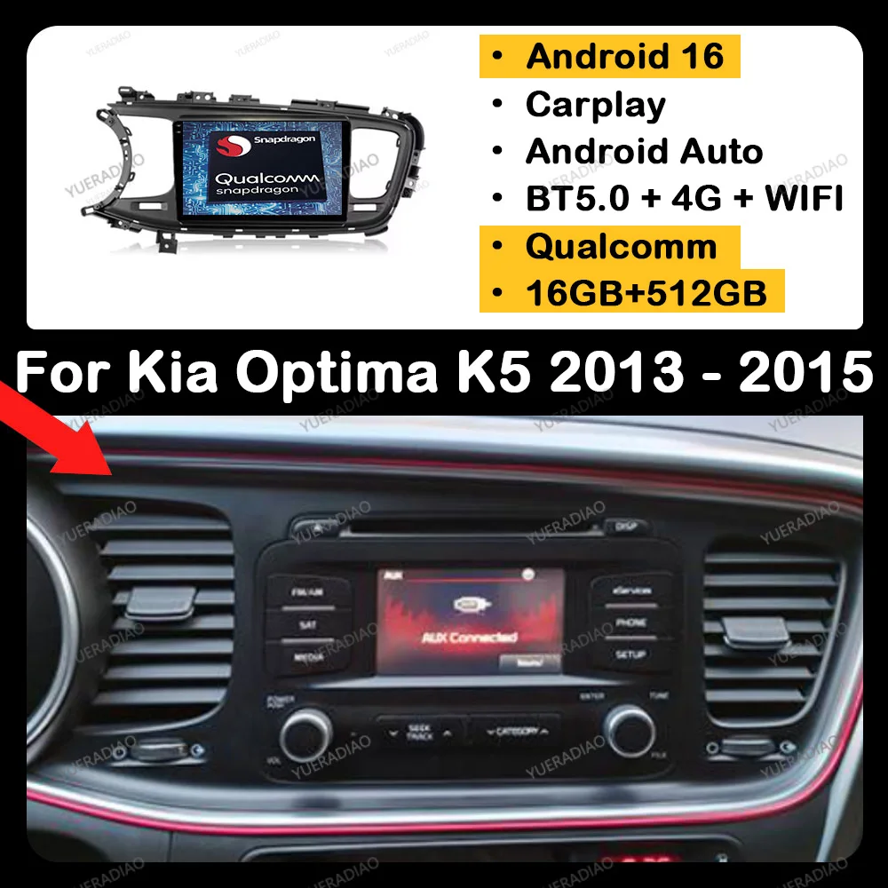 Radio para Auto Android 16 para Kia Optima K5 2013-2015, Unidad Principal QLED, BT, Multimedia, Reproductor de Video Estéreo, GPS, NAVI, 2DIN, 4G LTE, 5G WIFI