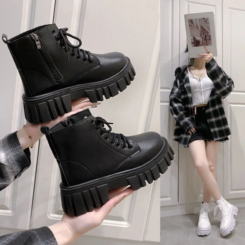 

2025 White New Women Ankle Boots Autumn Winter Platform Zipper Women Punk Boots Thick Sole Lace Up Booties Female Mujer