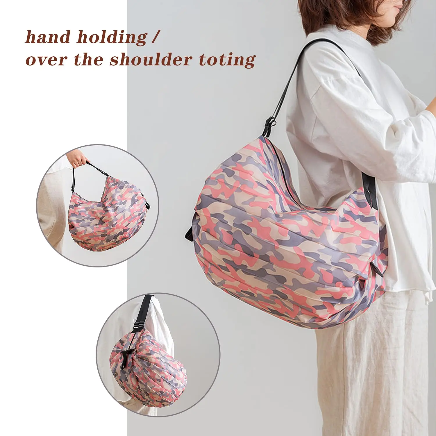 Reusable Foldable Shopping Bag Pink Waterproof Oxford Cloth Travel Beach Bag Supermarket Grocery Portable Storage Bag