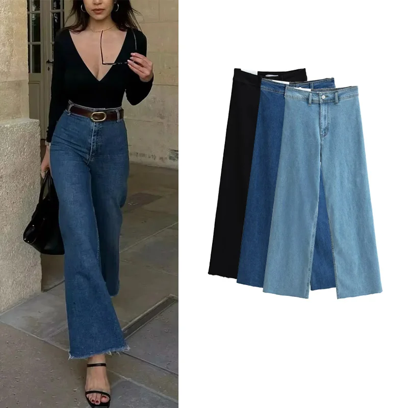 

Spring New Arrival Women's Retro Sle Faionable Versatile High Waist Elastic Navy Sle Micro Flare Denim Long Pants