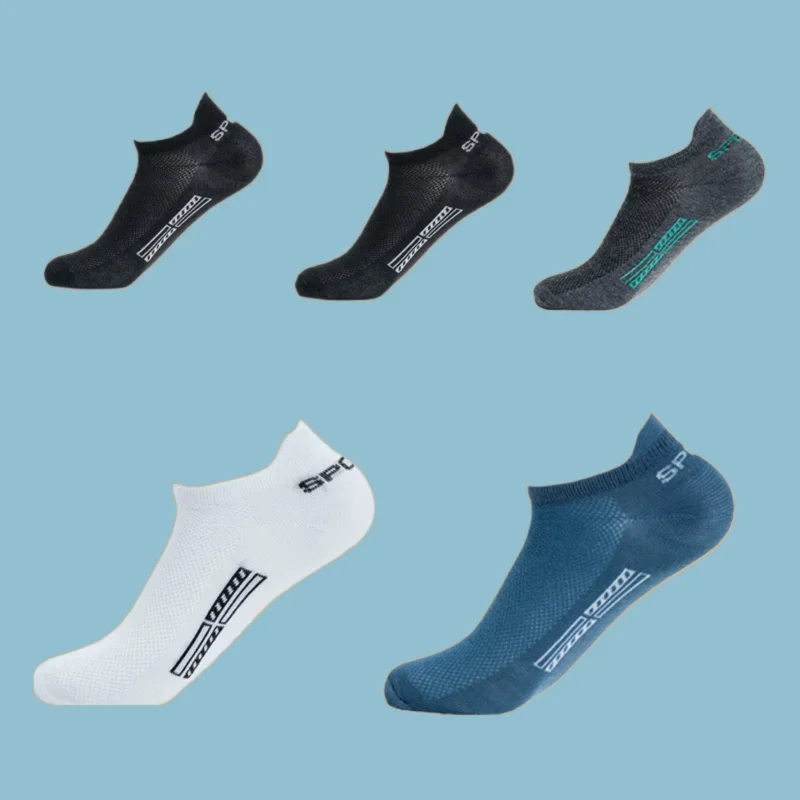 Meias esportivas de algodão respirável masculina, meias esportivas casuais, meia curta fina de corte baixo, malha confortável, qualidade superior, 5 pares