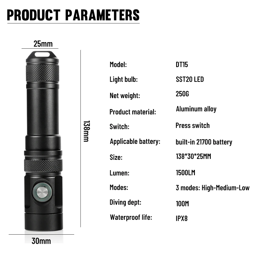 Asafee 100M Diving Flashlight SST20 LED 1000LM 100M Underwater IPX8 Waterproof Lamp Bulit-in Battery Rechargeable Torch