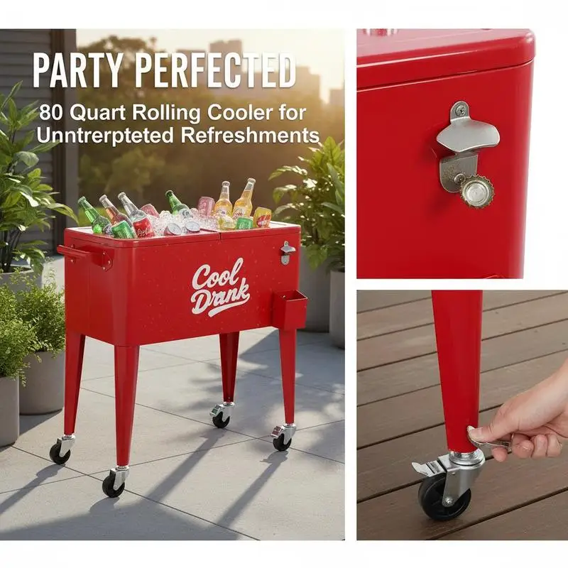 Mobile Beverage Trolley 80 Quart For Patio Party Bar Backyard Gathering, 50 Bottles 110 Cans Capacity Large Storage Bin 4 Swivel Casters Bottle Opener Red Finish