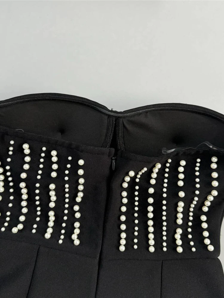 Glamorous Pearl-Embellished Strapless Slimming Backless Jumpsuit Micro Flare Pants For Upscale Dinners & Nights Out Vestido