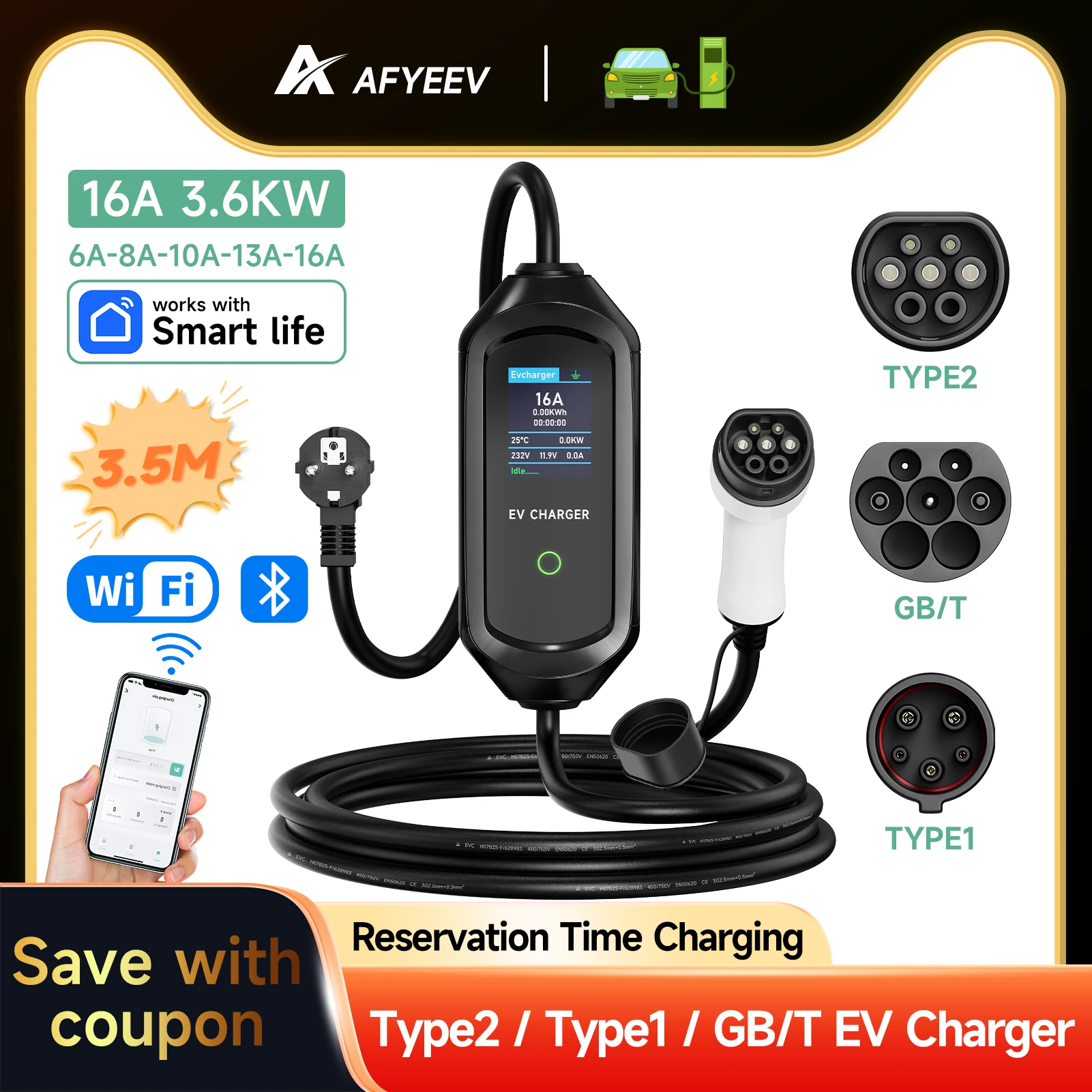 AFYEEV 3600W แบบพกพา Type2 IEC62196-2 EV Charger Type1 SAE J1772 ไฟฟ้า Charger GBT EVSE สายชาร์จ Wallbox EU Plug