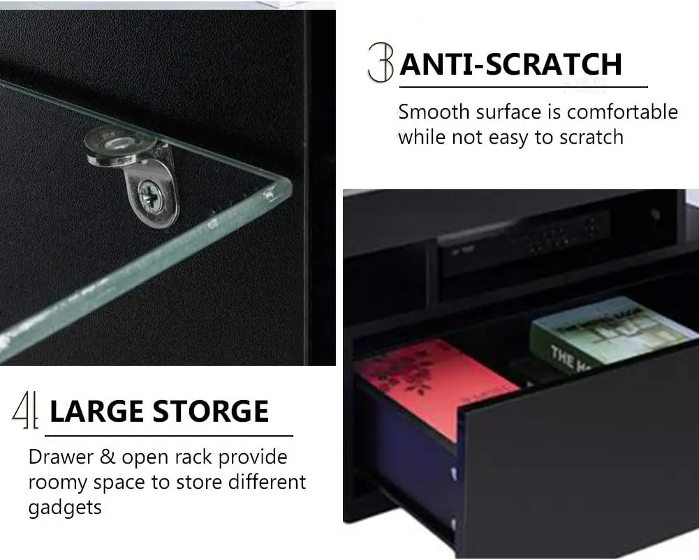 حامل تلفزيون حديث وبسيط مع LED، حامل تلفزيون وطاولة وحدة تحكم مركزية للترفيه لغرفة المعيشة، لتلفزيون مقاس 51 بوصة (أسود)