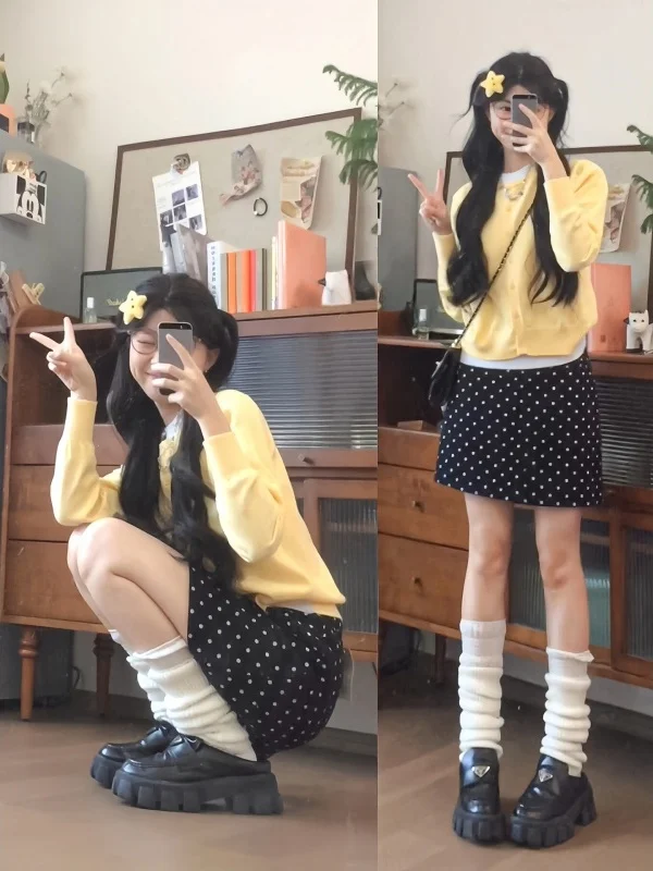 블라 폴카 도트 수트 스커트 여성용 하이웨이스트 슬림핏 또는 A라인 스커트 편안하고 부드러운 한국 스타일 출퇴근용