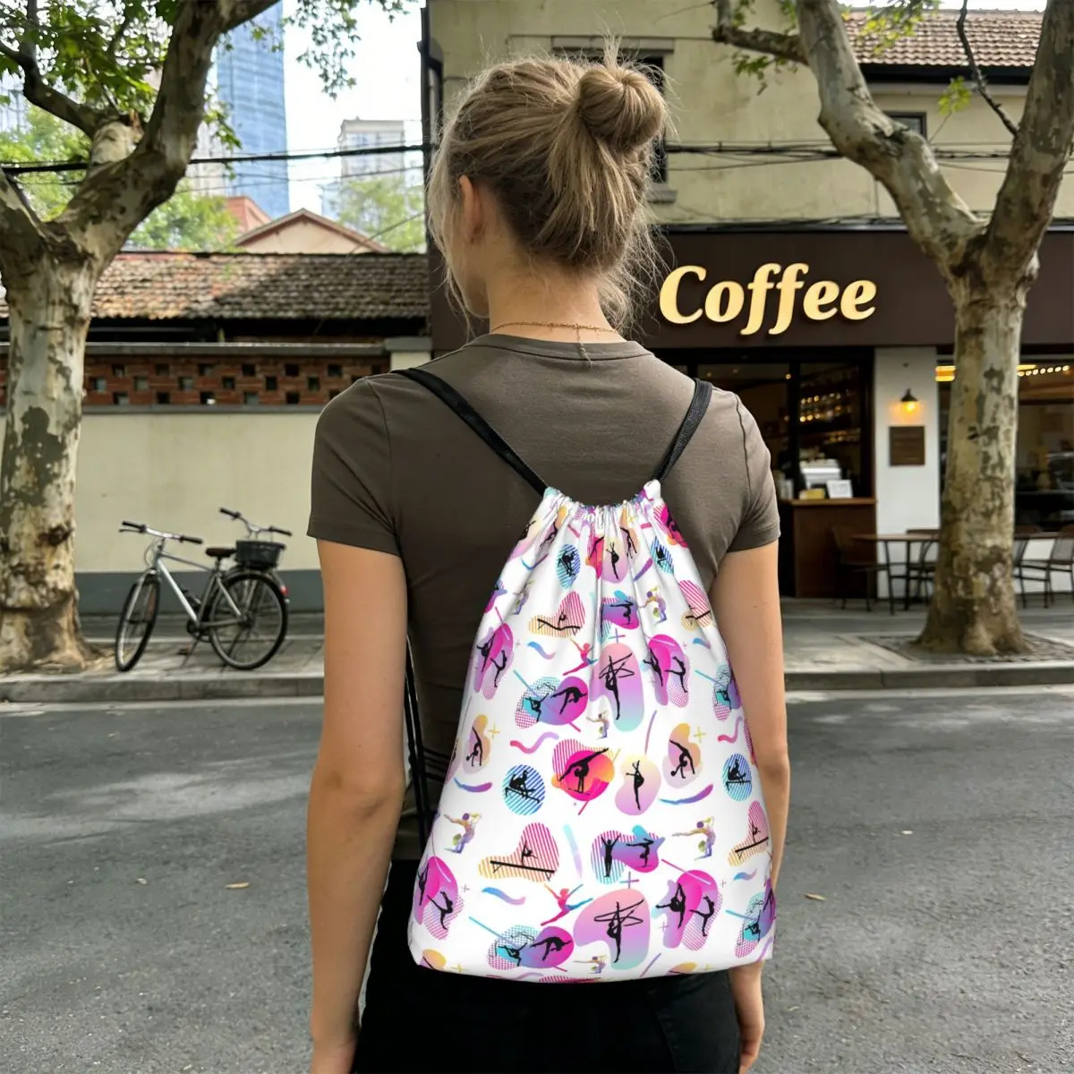 Rhythmic Gymnastics Gold Line Pattern Backpacks Casual Drawstring Bundle Pocket Sports Bag Book Bags for Man Woman Students