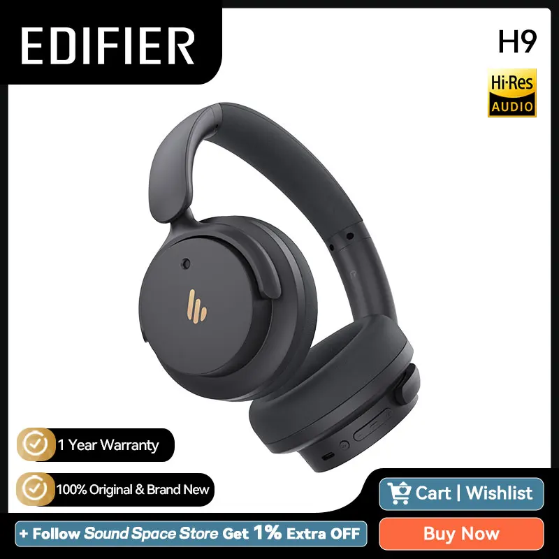 Edifier H9 Wireless Bluetooth Headphones Active Noise Canceling Headset Bluetooth 5.4 Hi-Res Audio 75H Battery Life Foldable