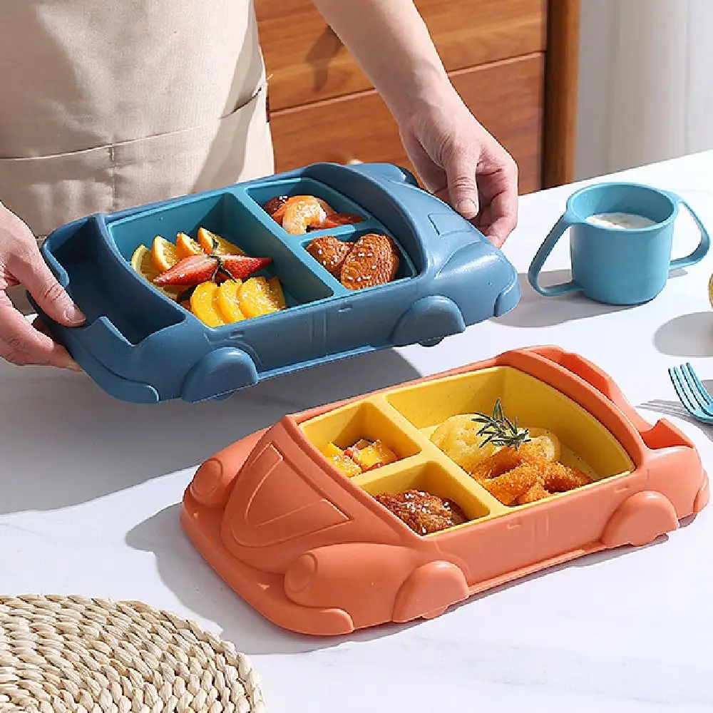 Creative Car Shaped Dinner Plate Detachable Cartoon Kid's Lunch Plate with Cup Wheat Straw Children's Tableware Set Household