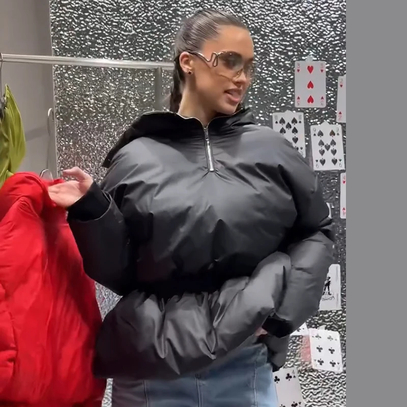 Back Half Zip Women's Winter Puffer Jackets Elastic Waist Ruffle Hem Cropped Padded Coat Loose Long Sleeve Warm Outerwear
