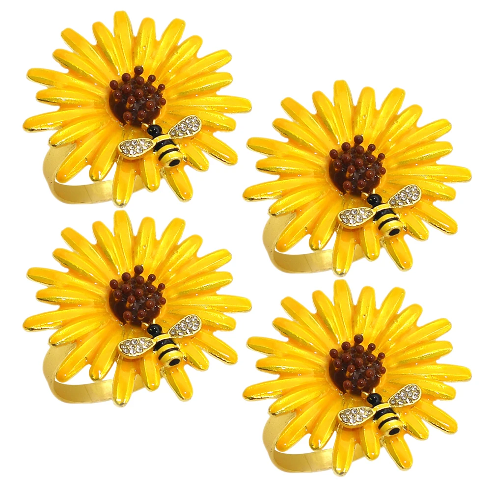 

4Pcs Bee Flower Napkin Rings Sunflower Table Napkin Holder Decorative Dining Table Buckle Wedding Party Serviette Ring