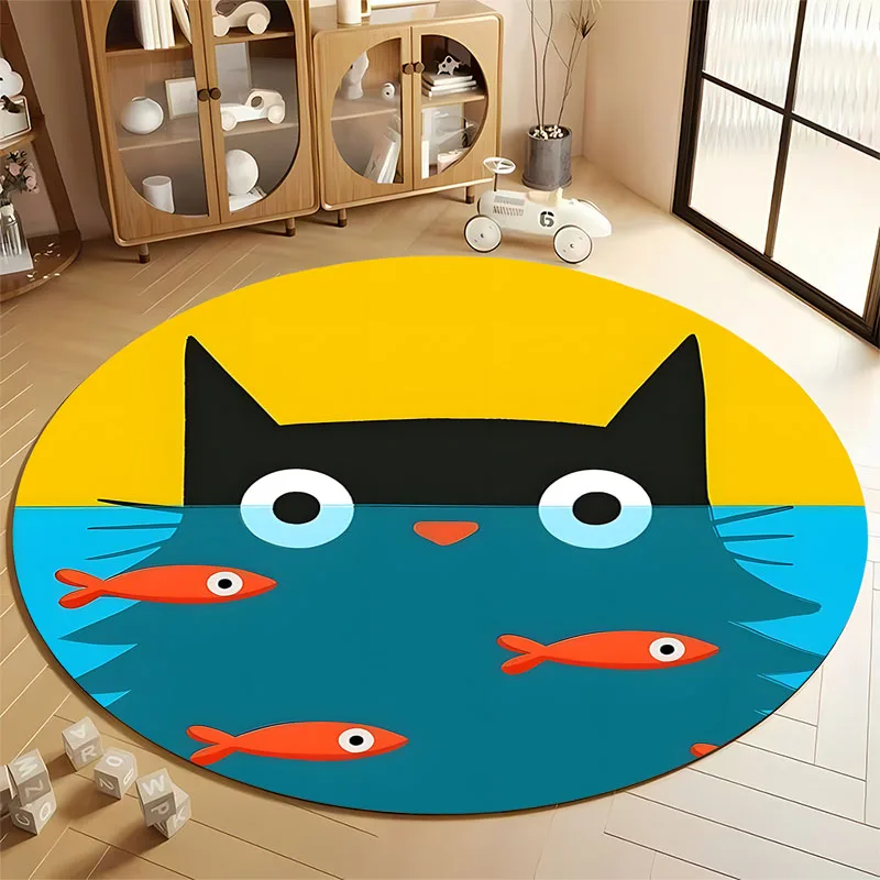 Colorful Cat and Fish Playful Kids' Room Rug round carpet for home sofa bedroom, gift