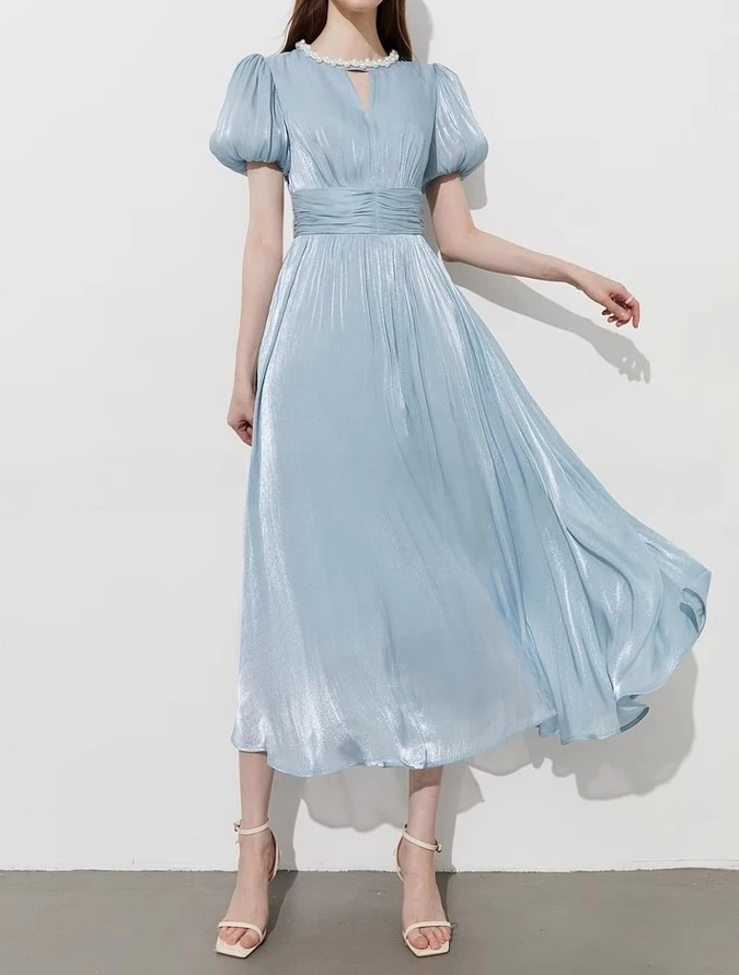 Abito con perline scintillanti Abito estivo da donna con maniche a sbuffo a vita alta Abiti aderenti eleganti in stoffa da festa