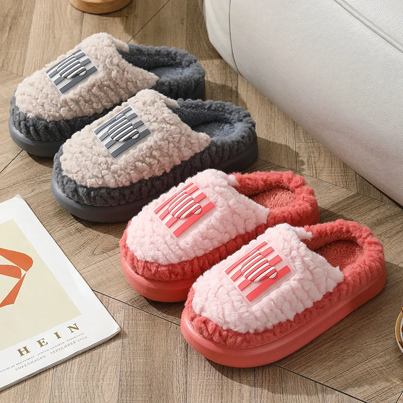 Fashion Couple Winter Toe Wrap Warm Plaid Cotton Slippers Thick Soft Sole Slides Men Women Indoor Floor Flat Home Non-slip Shoes