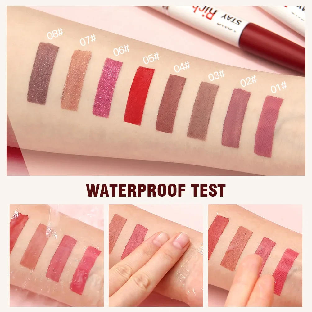 QIBEST Rossetto liquido opaco a doppia testa 8 colori Balsamo per labbra impermeabile per trucco a lunga durata Riduce le linee sottili Cosmetici lucidalabbra