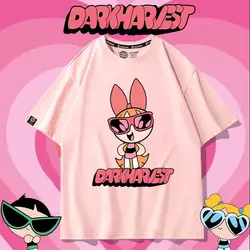 Powerpuff Girls Anime periferiche a maniche corte t-shirt allentate Casual coppia cotone di grandi dimensioni abbigliamento per bambini a mezza manica