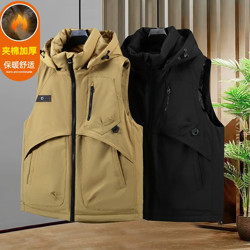 

Patchwork Men's Hooded Vest Autumn Winter Warm Waistcoat Men Sleeveless Thick Jackets with Pockets Outside Coat Casual Outerwear