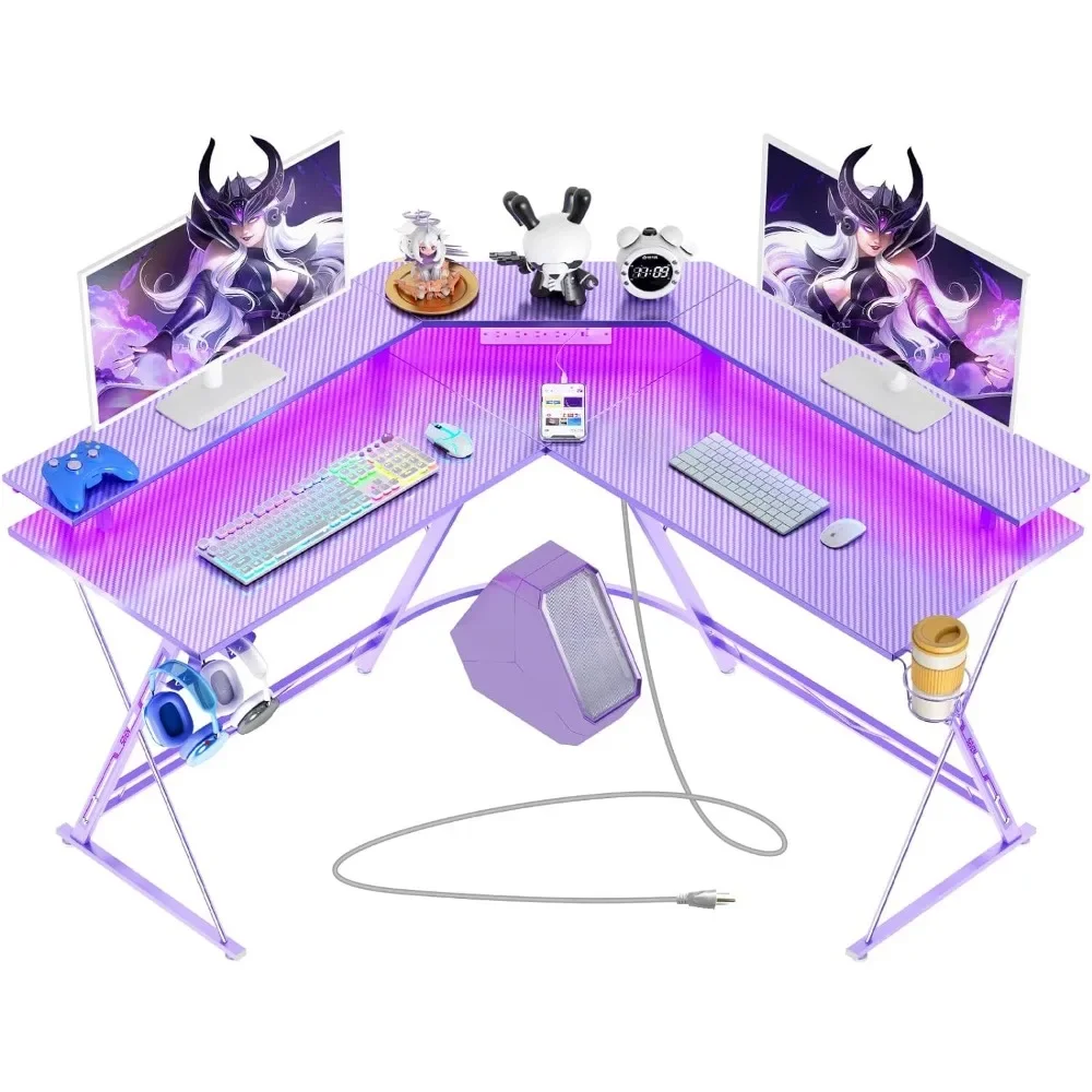 Gaming Desk 50.4” with LED Light & Power Outlets, L-Shaped Gaming Desk  with Monitor Stand, Ergonomic Gamer Table, Purple