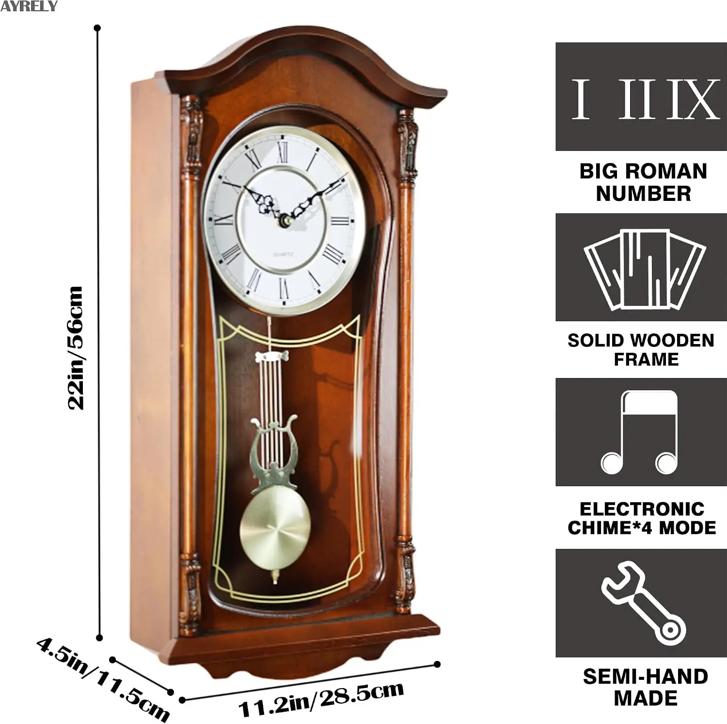 ® 22IN Grandfather Vintage Wall Clock with Pendulum and Chime, Hour/Quarter-Hour Chime, Mahogany Wooden Frame, Large Vintage Wal