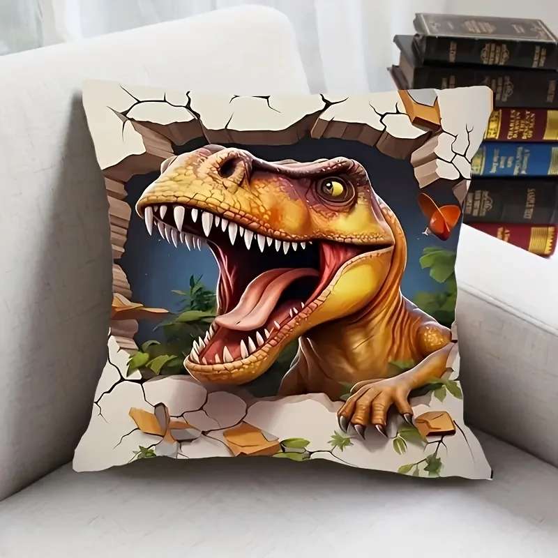 1pc T-Rex Breaking Through Wall Printed Throw Pillow Cover,Suitable for Sofa,Bedroom,Living Room,a Unique Gift for Dinosaur Fans
