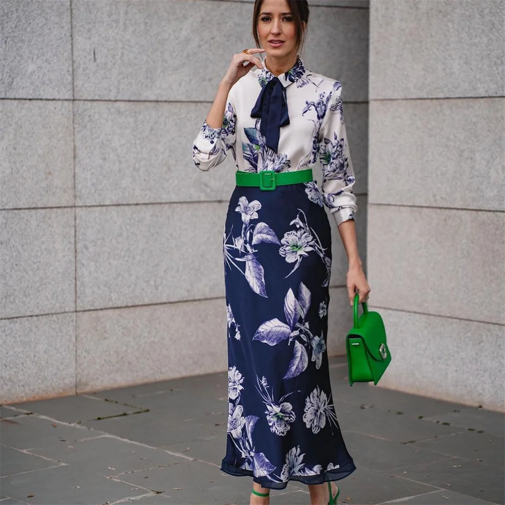 PB&ZA 2024 Spring New Fashion Bow Decoration Printed Shirt+High Waist Versatile Long Skirt Spliced with Silk Texture Skirt