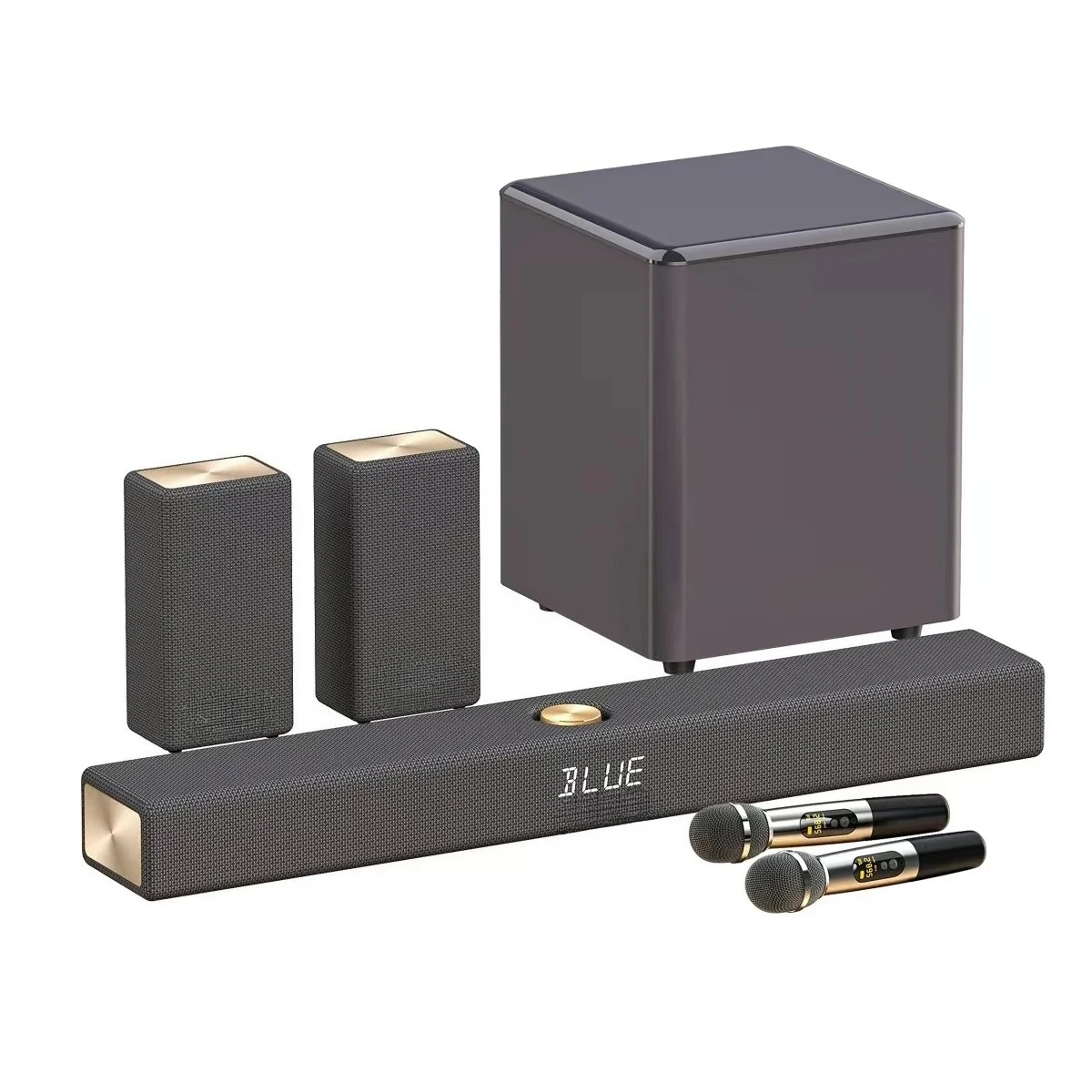 

5.1CH Home Theater Sound Bar with Surround Speakers, Wooden Wireless Subwoofer Support Optic, Coaxial, ARC, AUX, USB, Karaoke